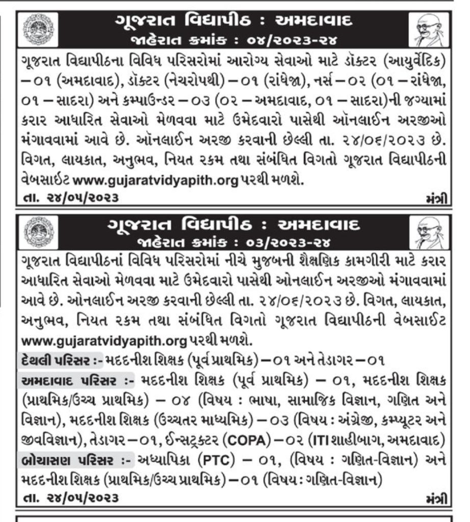 Job Advertisement of gujarat vidyapith 2023
