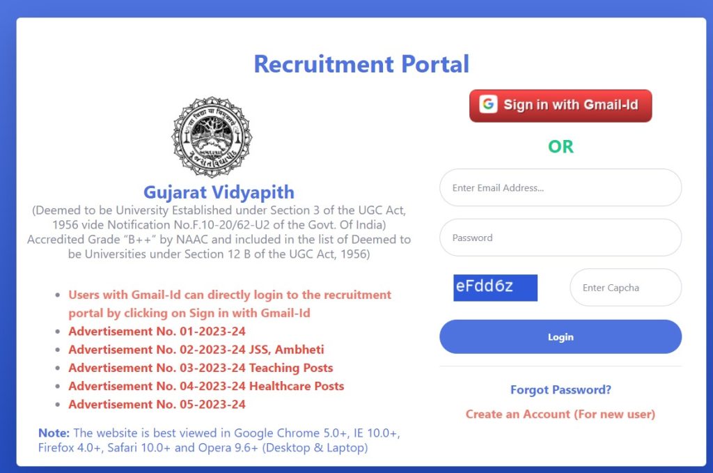 gujarat vidyapith new recruitment 2023 - Advertisement and apply online